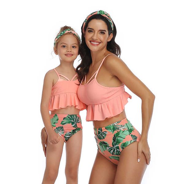 Traje de baño dividido, traje de baño de cintura alta, dobladillo con volantes florales, ropa de playa, dulce, informal, exquisito, traje de baño Sexy para padres e hijos