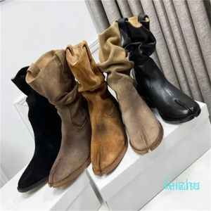 Split Toe Lammleder spitze klobige Blockabsätze Booties Damen Luxus Designer Kleid Party Schuhe Beige Schwarz Stiefeletten