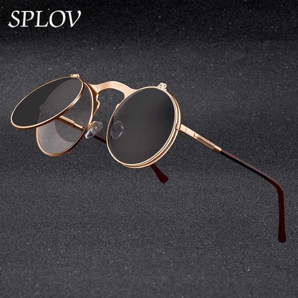 SPLOV Vintage Steampunk Flip Gafas de sol Retro Marco redondo de metal Sol para hombres Mujeres Diseñador de la marca Gafas circulares Oculos 0928