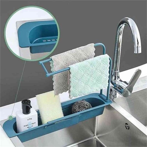 Estante de drenaje de esponja Cesta de almacenamiento Bolsa Soporte para grifo Fregadero de baño ajustable Accesorio de cocina Z4W442 210922