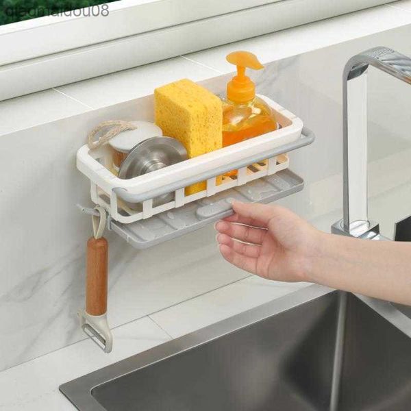 Soporte de esponja Organizador de cocina Escurridor de platos Jabonera Fregadero Bandeja Paño de cocina Toallero Montado en la pared Cesta de almacenamiento Estante Cocina L230704