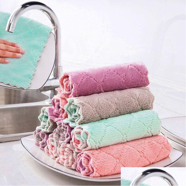 Esponjas Almohadillas para fregar 5 piezas Toallas para platos de lana de coral en relieve de doble cara Suave absorbente que no se desprende - Limpieza perfecta de la cocina Hz008 Ot8Bs