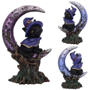 Spookachtige zwarte kat met heksenhoed standbeeld Crescent Moon Figurines schattig bezem kat Halloween ornamenten huizen tuin decor accessoires 240329