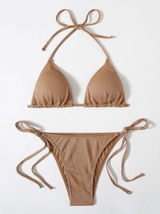 Spoondrift-Conjunto de Bikini con Tanga y Top triangular con purpurina para mujer, traje de baño Sexy brillante, trajes de baño con lazo pequeño, ropa de playa