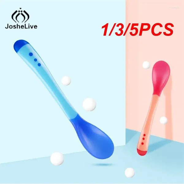 Cucharas 1/3/5 unids 3 colores Cuchara de detección de temperatura para niños Niños Bebé Tenedor de silicona Alimentación Cubiertos para niños pequeños