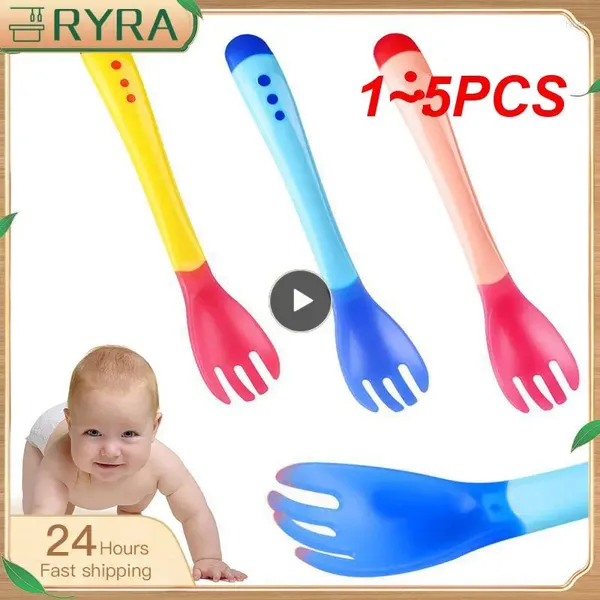 Cucharas 1-5 uds fácil de limpiar infantil cabeza suave utensilios para bebés resistentes al calor juego de cuchara y tenedor alimentación de primera calidad