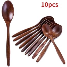 Lepels 10 PCS Houten Soeplepel Set 73 Inch Lange Steel Natuurlijke Tafel Eten Mengen Roeren Koken 230302 LL