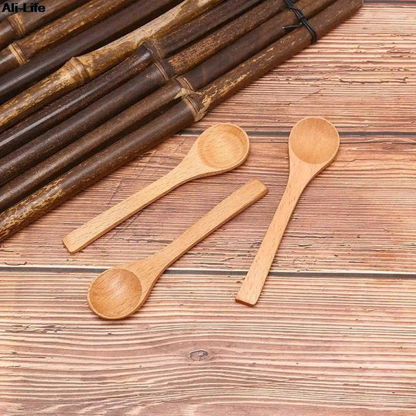 Cuillères 1pc petite mini cuillère ronde en bois de bambou soupe thé café sel confiture cuillère bricolage cuisine ustensile de cuisine outil couverts