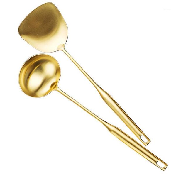 Cucharas 2 Unids / set Cuchara de sopa Espumadera Espesar Utensilios de cocina de acero inoxidable Herramienta de cocina Cuchara de oro Cucharón Colador