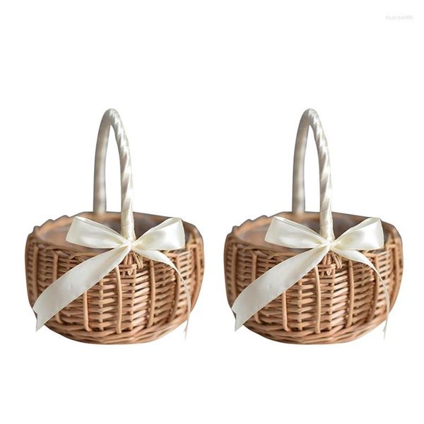 Cuillères 2X panier de fleurs tissé en osier avec poignée et ruban blanc paniers de fille de mariage pour la décoration de jardin à la maison (L)