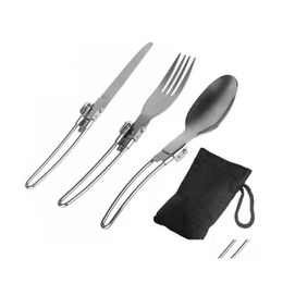 Cucharas 3 piezas portátil de acero inoxidable cuchillo plegable y tenedor cuchara cubiertos utensilio conjunto de cubiertos viaje picnic cam vajilla gota otljk