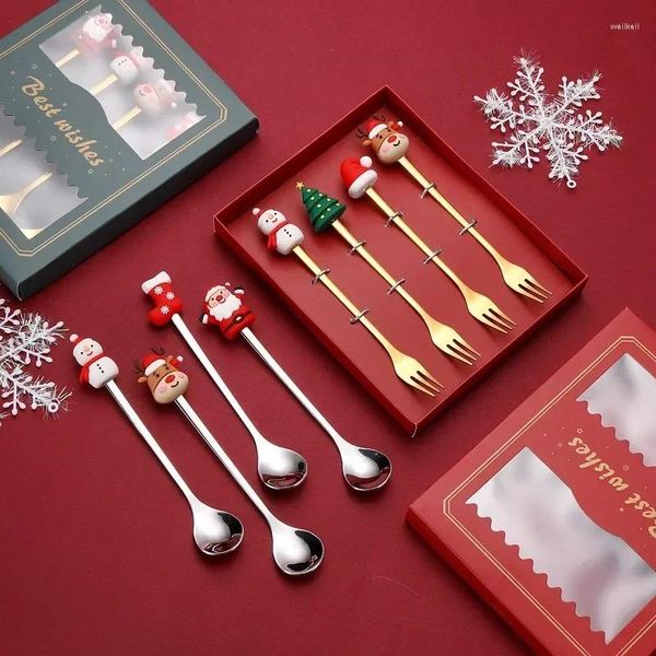 Cuillères 6/4/1PCS Cadeau de Noël Glod Cuillère Fourchette Set Elk Tree Décoration Dessert Scoop Fruits Café Couverts