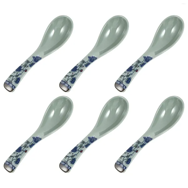 Cucharas 6 PCS Centro de cerámica azul y blanco Mini arroz sopa de arroz fideos gachas de gachas melaminas cascada de cocina