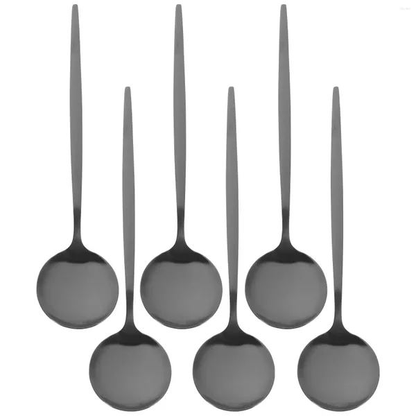 Cucharas 6 piezas redondas negras para servir sopa de acero inoxidable cubiertos mesa de cena de metal