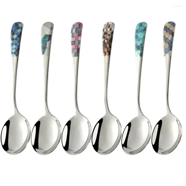 Cucharas 6 PCS Cuchara redonda de acero inoxidable Sopa Mezclando Cucharas de té para el hogar Metal