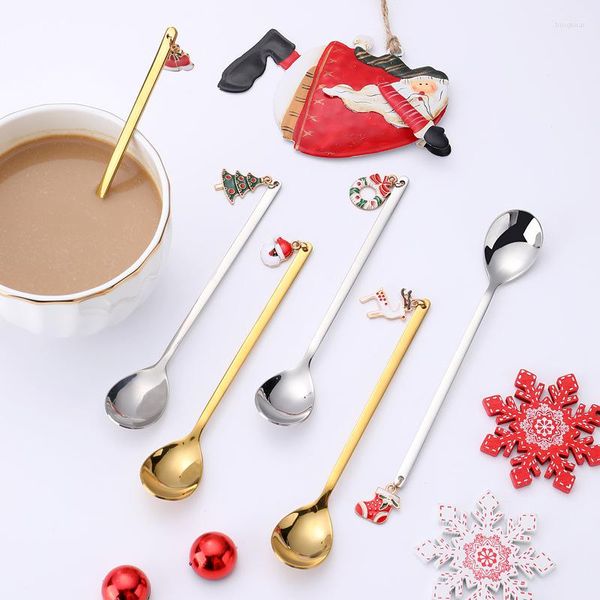 Cucharas, 6 uds., cuchara de café, cucharas para mezclar, agitar, caja de regalo de Navidad de acero inoxidable, conjunto de adornos de mesa de fiesta