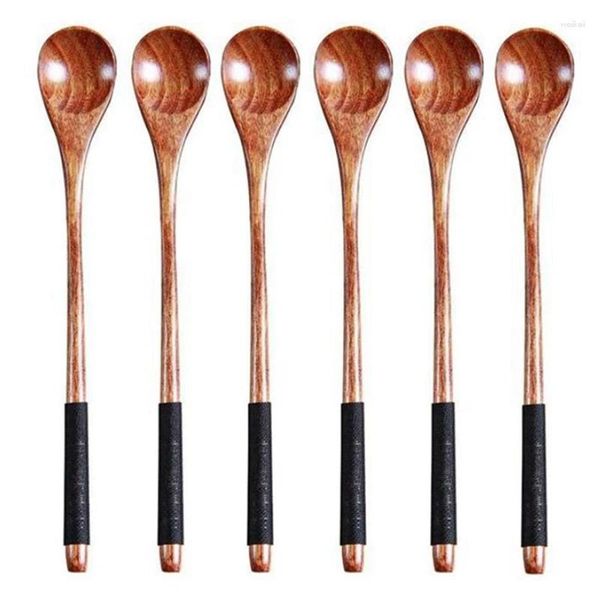 Cucharas 6 piezas de mango largo de madera té de madera cuchara de café estilo japonés juego de postres vajilla para mezclar miel