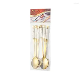 Cucharas 6 unids/set cuchara de café de acero inoxidable mango largo de cerámica helado postre cucharadita de metal oro pastel leche