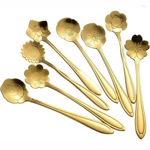 Lepels 8 stks gouden bloemlepel koffie theelepel set schattige thee roeren kleine suiker espresso dessert roestvrij staal servies