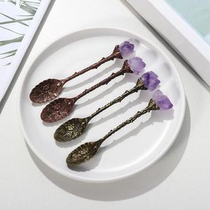 Cucharas talladas flor cristal piedra mango largo cuchara de café cucharadita irregular retro mini helado decorativo