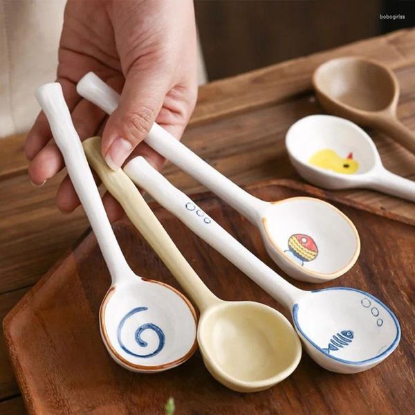 Cucharas de sopa de cerámica cuchara de mango largo japonés comiendo cocina cocina herramienta de utensilios cucharadita para kicthen