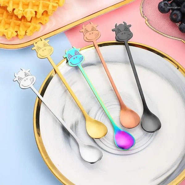 Cucharas con agarre cómodo, cuchara de dibujos animados, deslumbrante Color dorado, utensilios de cocina creativos, amante del café, moderno, suave, chapado en titanio