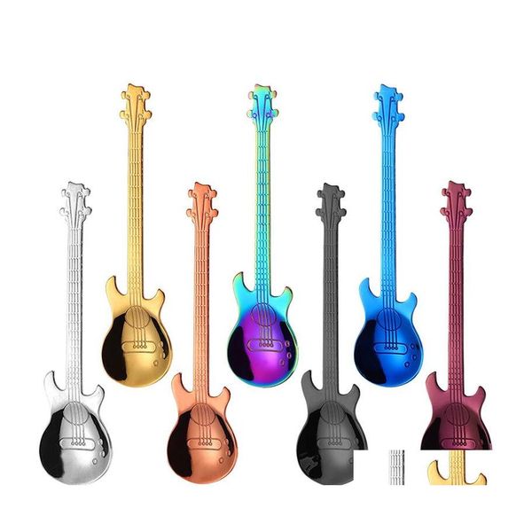 Cucharas creativas de acero inoxidable 304, guitarra de café pequeña, forma de violín, cuchara de postre, agitador, encantador, chapado en titanio, Scoo Homefavor Dhipi