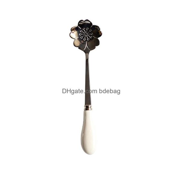 Cucharas Cucharas de flores creativas Cerámica blanca Mango Cuchara de postre Cuchara de café chapada en oro Revuelva 2 7QD Uu Entrega de gotas Home Garden K Dhvkx