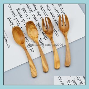 Lepels Flatware Kitchen Dining Bar Home Garden 100 stks Itali￫ Olijf houten gebogen lepel vork lang handgreep servies bestek Shrw9