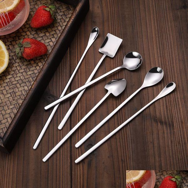 Cucharas Cabeza Pala Mango largo Cuchara Brillante Acero inoxidable Hogar Cocina Comedor Cubiertos Fideos Helado Postre Cubiertos Herramienta Drop de Dhqmn