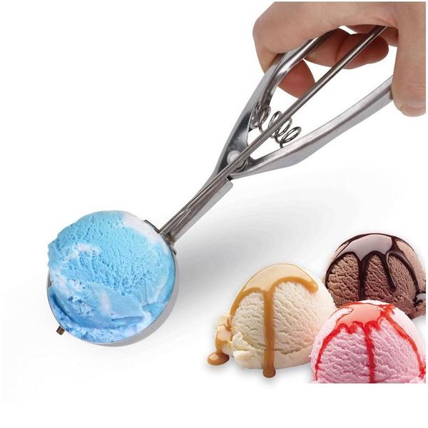 Cucharas Cuchara de helado Herramientas de cocina 3 Tamaño Mango de resorte de acero inoxidable Puré de papa Sandía Bola Cuchara Accesorios para el hogar Drop de Dhzuu