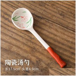 Cucharas de inspt stoneware japonés sopa pequeña cuchara de cerámica de cerámica larga casa hogar lindo arroz caída entrega en casa Dhutb