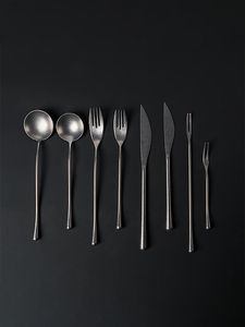 Cucharas estilo japonés Retro Ins de alta calidad 304 de acero inoxidable, cuchillos para carne, tenedores, pasteles, postres, sopa, cuchara, cubiertos, vajilla