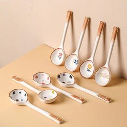Cuillères à soupe en céramique japonaise cuillère ménage mélange des desserts de la chaleur à longue poignée congee