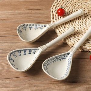 Cuillères de Style japonais, bleu et blanc, cuillère à Long manche, Vintage, poterie grossière, accessoires créatifs pour soupe Ramen