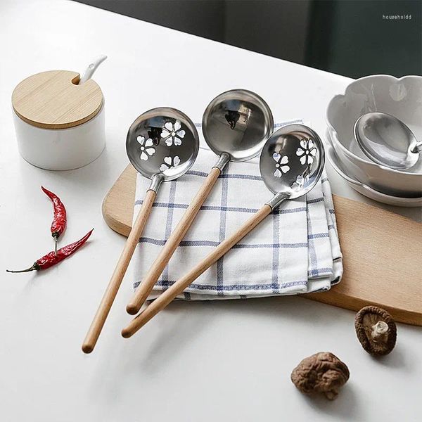 Cucharas de estilo japonés, cuchara de sopa de madera, olla de mango largo, colador de cocina, cuchara, colador de cocina, cucharón, vajilla