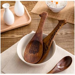 Cuillères ustensiles de barre de cuisine Animal sculpté à la main remuant cuillère en bois de cuisine adaptée à la salade de riz couverts réutilisables