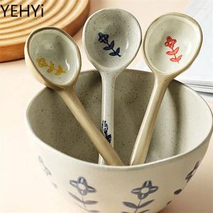 Cuillères vaisselle de cuisine en céramique japonaise, petite cuillère pour mélange de soupe domestique, mignonne haute valeur de couleur, poterie brute Ins