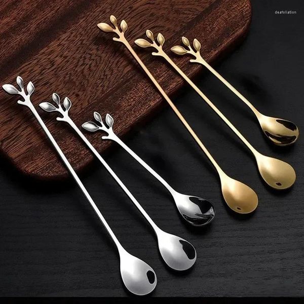 Cucharas de hoja de acero inoxidable, cuchara de té, refrigerio, café, decoración de acero, vajilla de cocina en forma de flor, 2 uds.