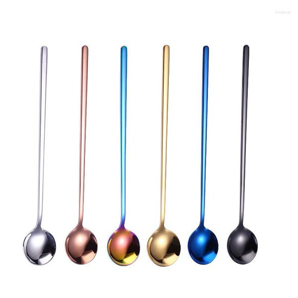 Cucharas de acero inoxidable con mango largo, cuchara redonda de 20cm, postre, miel, café, té, agitador, cuchara de hielo, cubiertos para el hogar