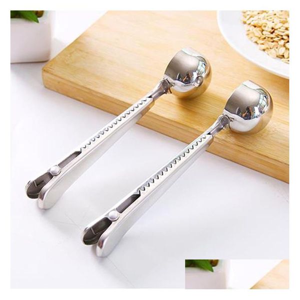 Cucharas Mtifunction Cuchara de café Suministros de cocina de acero inoxidable Scoop Bag Seal Clip Medición de alimentos portátiles Herramientas Drop Delivery Hom Dhizk