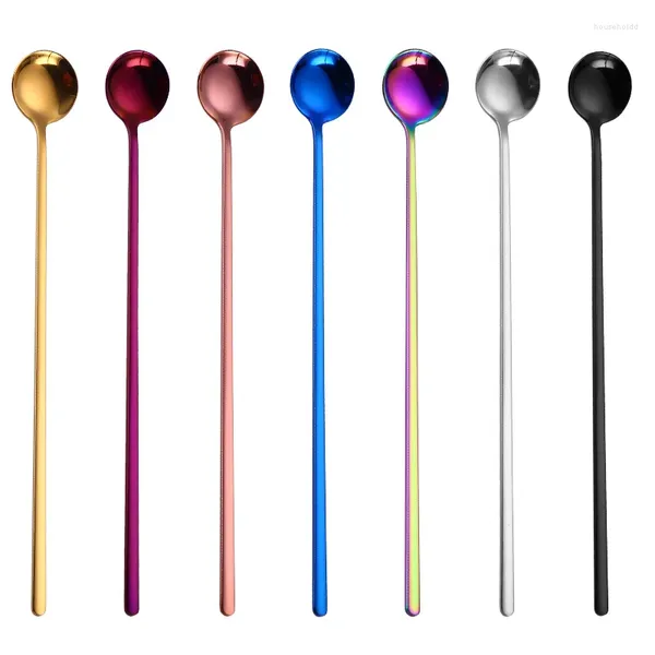 Cucharas de Color arcoíris para café, té, cuchara agitadora, mango largo, helado, postre, vajilla de acero inoxidable ecológica, suministros de cocina