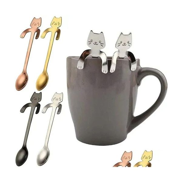 Cuillères à café en acier inoxydable à long manche créatif mini chat cuillère à thé outils à boire cuisine gadget couverts vaisselle livraison directe Dhvtg