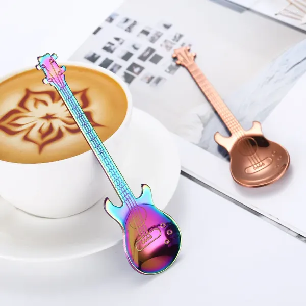 Cuillères en acier inoxydable en forme de guitare, cuillère à café cuillère à thé pour enfants 5 couleurs utilisation du thé cuisine cadeau créatif