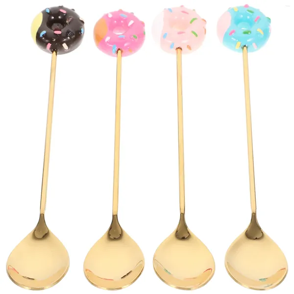 Cuillères en acier inoxydable Donut Donut Macaron Dessert Kids Set 4pcs pour la crème glacée longue manche mélange de café