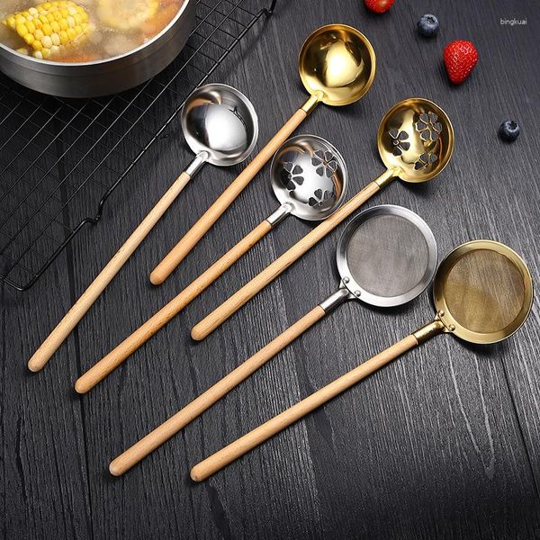 Cuillères En Acier Inoxydable Manche En Bois Cuillère À Soupe Cuisine Japonaise Ramen Cuillères À Soupe Passoire Pot Scoop Skimmer Or Vaisselle