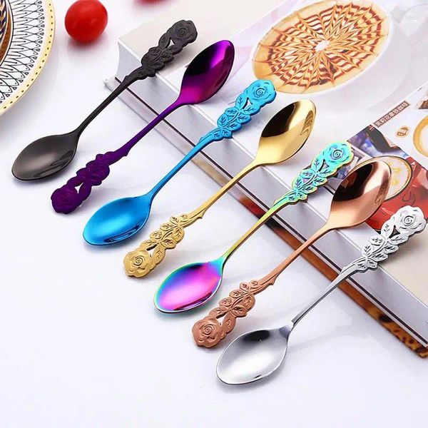 Cucharas Cuchara de té Mango largo Cuchara de café Plateado Cucharadita de rosa Helado Postre Azúcar Stiring Accesorios de cocina