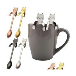 Cuillères Ups Cuillère à thé à café en acier inoxydable Mini chat à long manche Outils de boisson créatifs Cuisine Gadget Couverts Vaisselle en gros Dhjwv