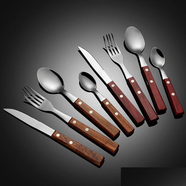 Cucharas Mango de madera Cuchara Tenedor Cuchillo Juego de cubiertos Acero inoxidable Hogar Cocina Comedor Cubiertos Helado Postre Bistec Tenedores Vajilla Dhsyw