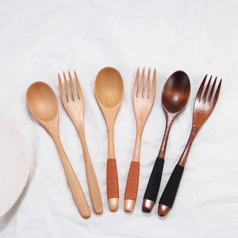 Spoons Wooden Natural Rice Soups Kitchen Supplies Utensil Spoon Tableware Fork Dinnerware Sets